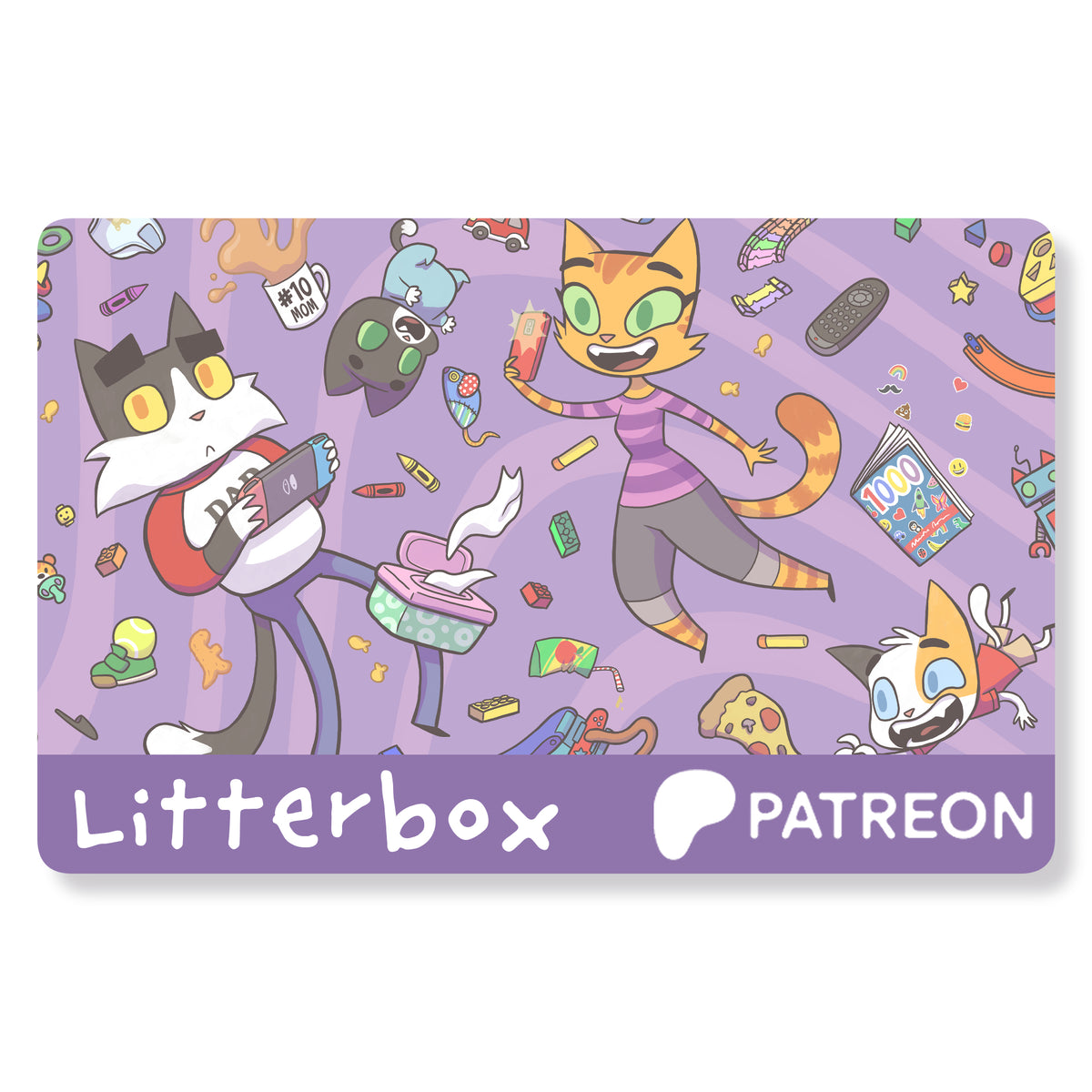 Litterbox Patreon gift membership card featuring Joel, Fran, Vincent and Cooper