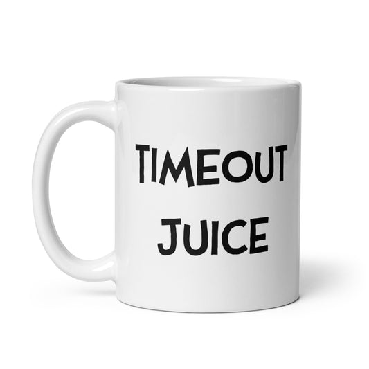 Timeout Juice 11oz white mug by Litterbox Comics, handle on left